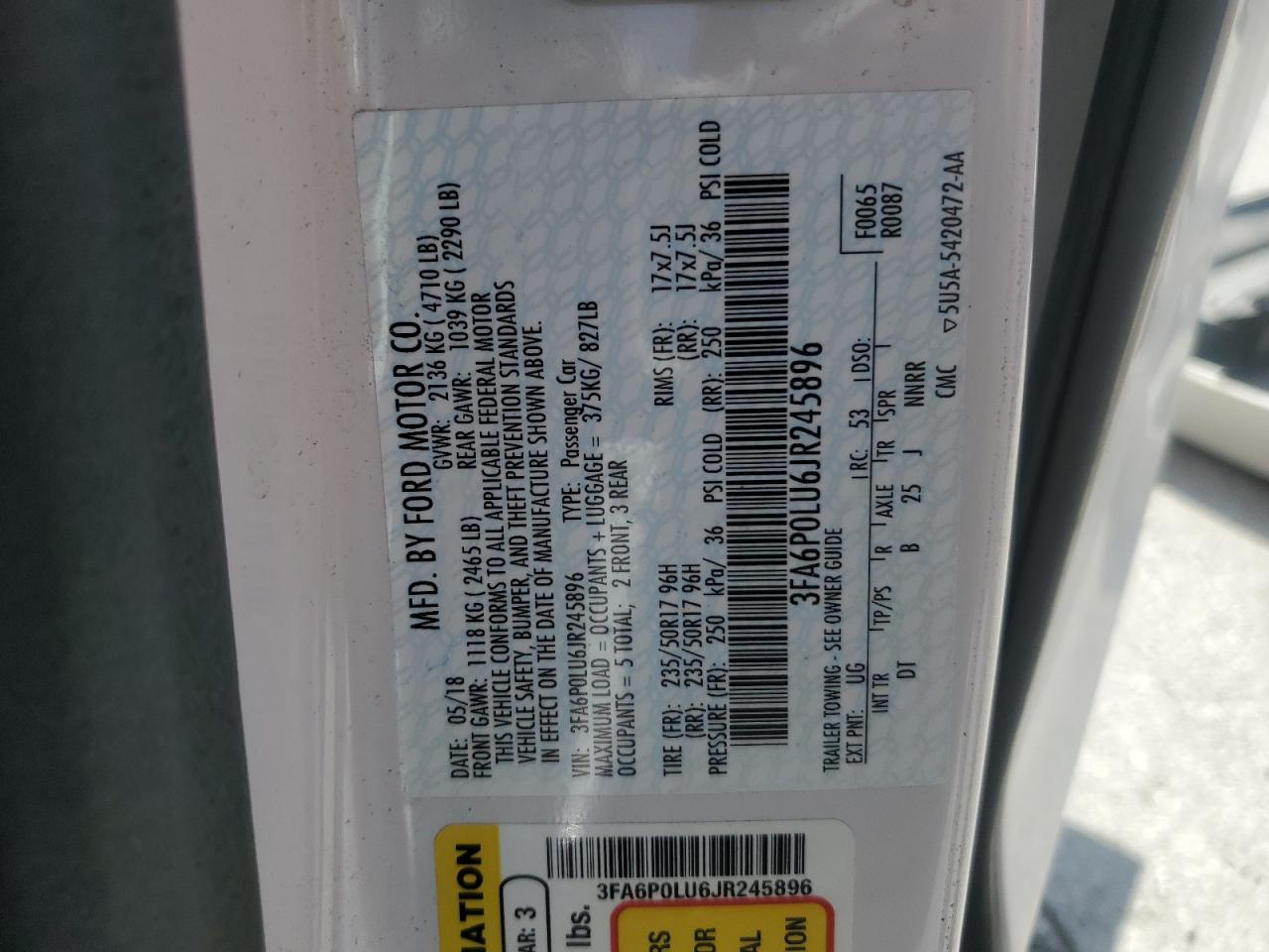 2018 Ford Fusion Se Hybrid VIN: 3FA6P0LU6JR245896 Lot: 64814435