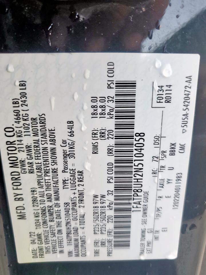 2022 Ford Mustang VIN: 1FATP8UH2N5104058 Lot: 65413215