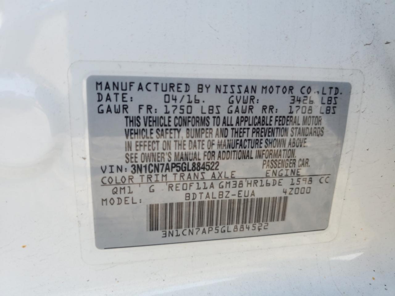 2016 Nissan Versa S VIN: 3N1CN7AP5GL884522 Lot: 64309125