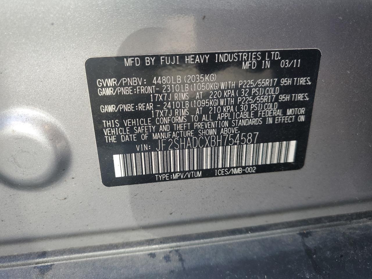 2011 Subaru Forester 2.5X Premium VIN: JF2SHADCXBH754587 Lot: 65051995