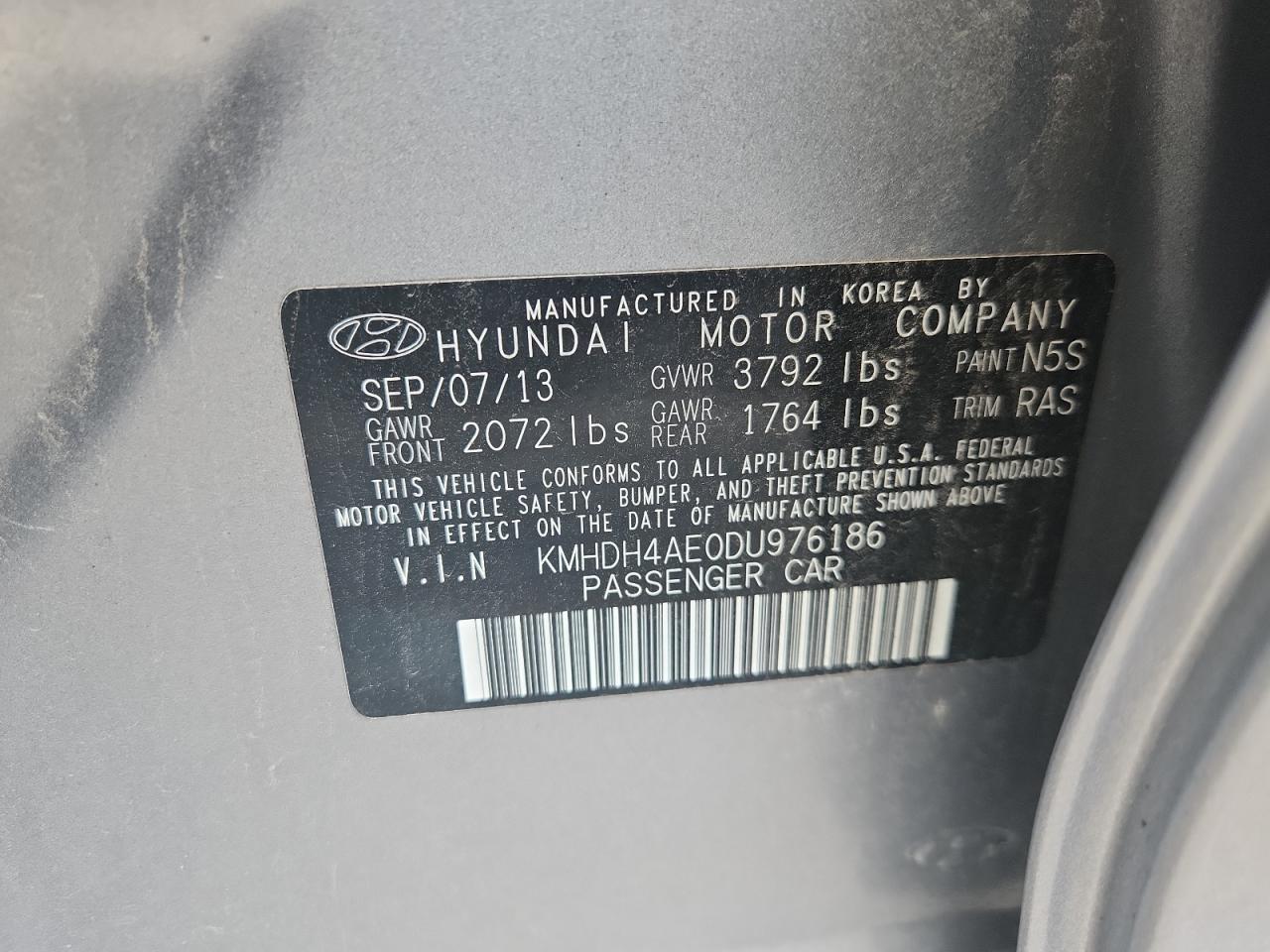 2013 Hyundai Elantra Gls VIN: KMHDH4AE0DU976186 Lot: 63117425