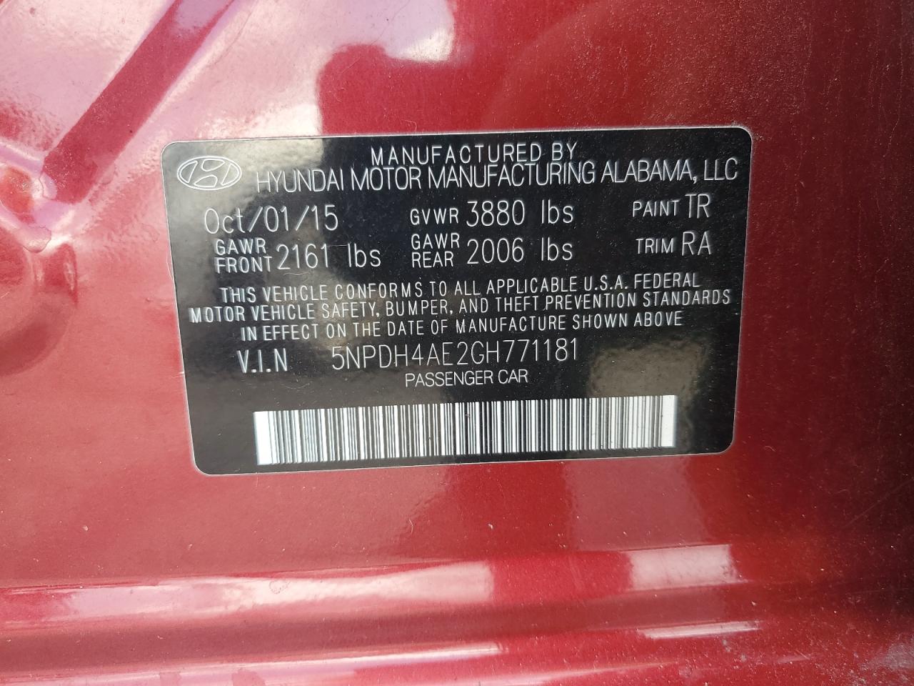 2016 Hyundai Elantra Se VIN: 5NPDH4AE2GH771181 Lot: 64407075