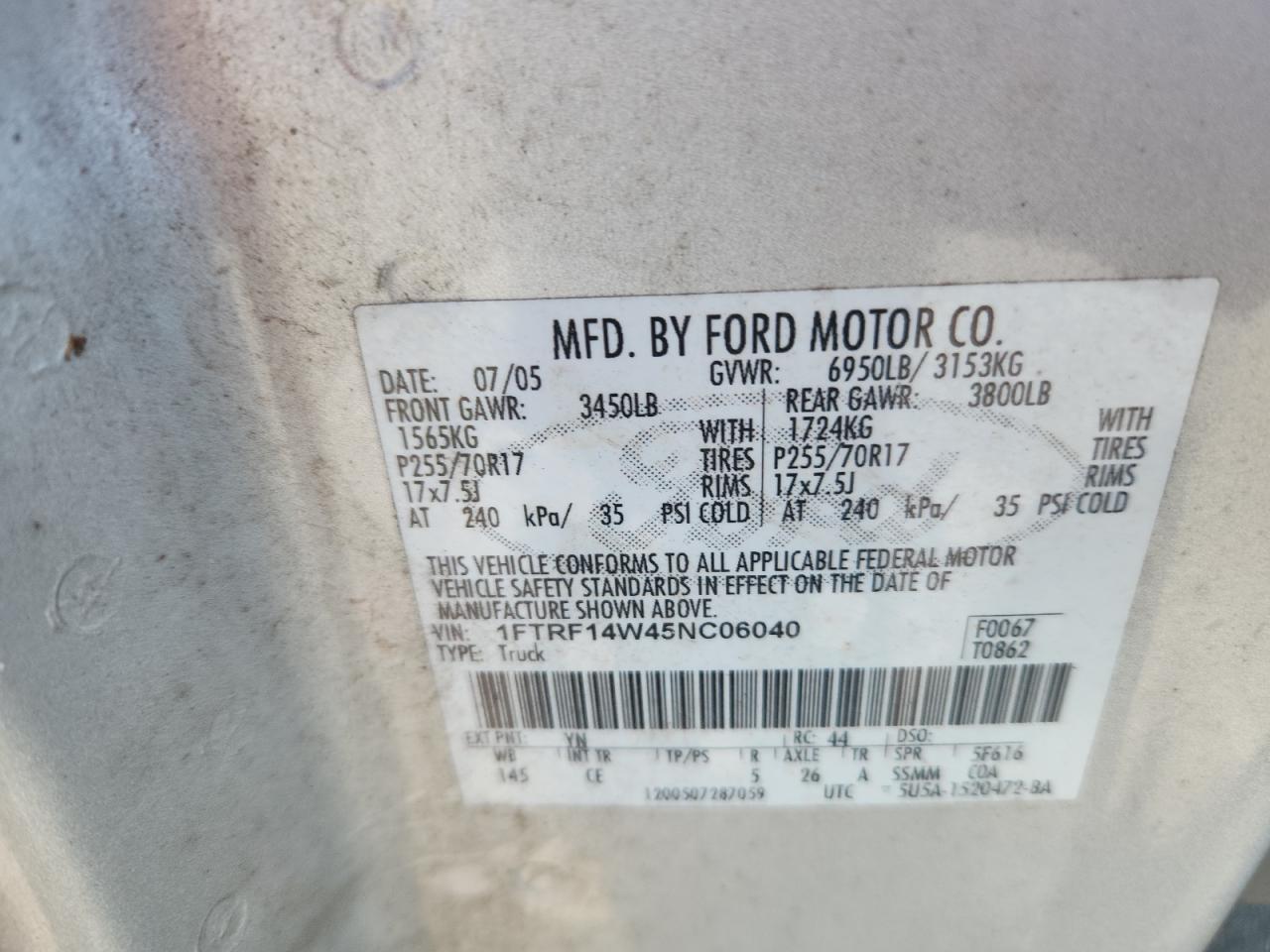 2005 Ford F150 VIN: 1FTRF14W45NC06040 Lot: 64719395