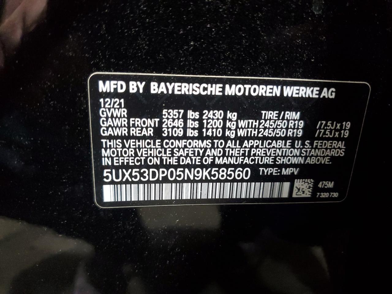 2022 BMW X3 xDrive30I VIN: 5UX53DP05N9K58560 Lot: 64302325