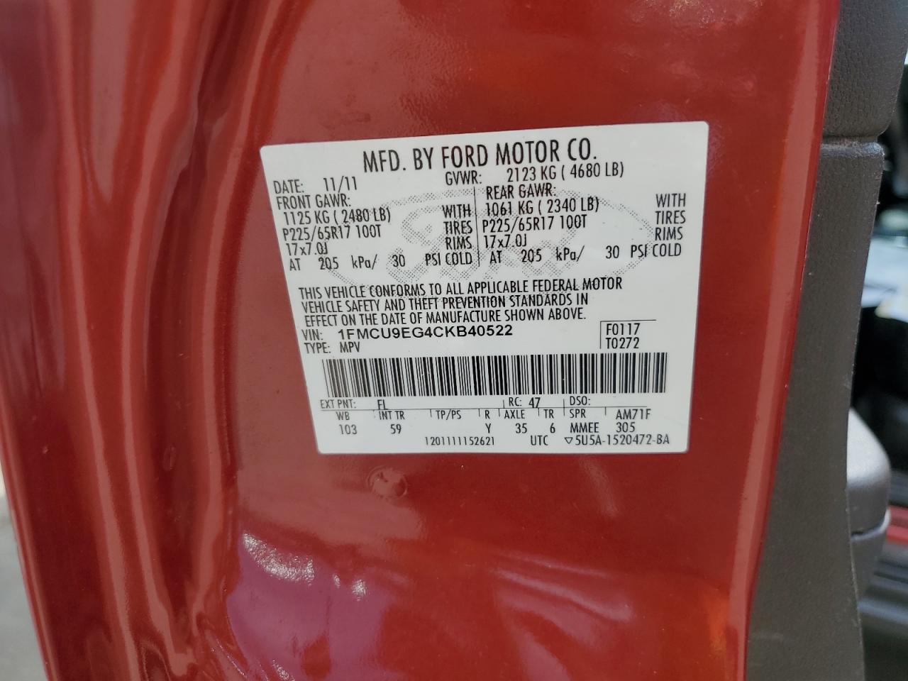 2012 Ford Escape Limited VIN: 1FMCU9EG4CKB40522 Lot: 65400265