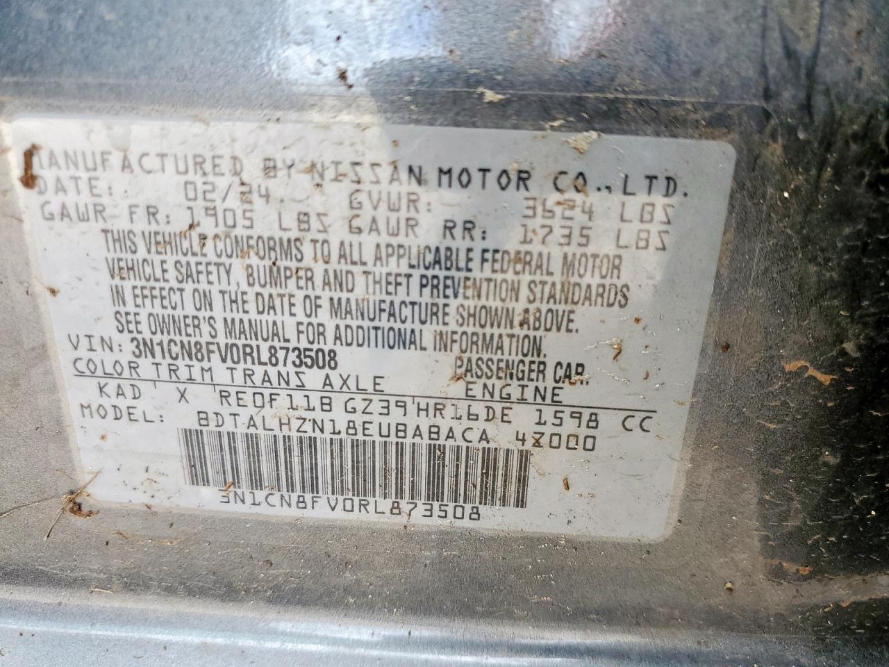 2024 Nissan Versa Sr VIN: 3N1CN8FV0RL873508 Lot: 65085455