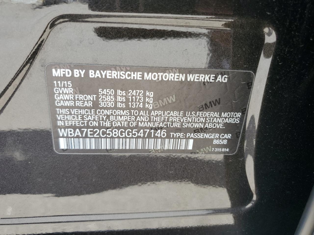 2016 BMW 740 I VIN: WBA7E2C58GG547146 Lot: 62217895