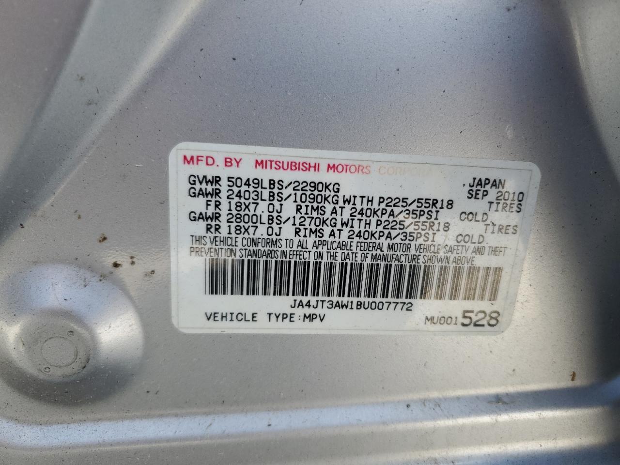 2011 Mitsubishi Outlander Se VIN: JA4JT3AW1BU007772 Lot: 62564945