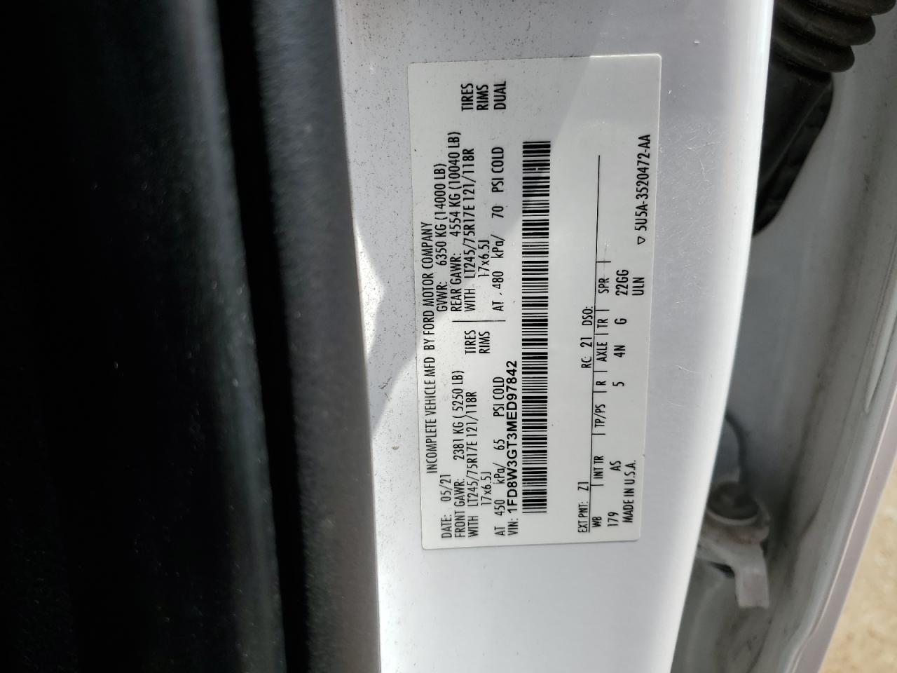 2021 Ford F350 Super Duty VIN: 1FD8W3GT3MED97842 Lot: 64255165