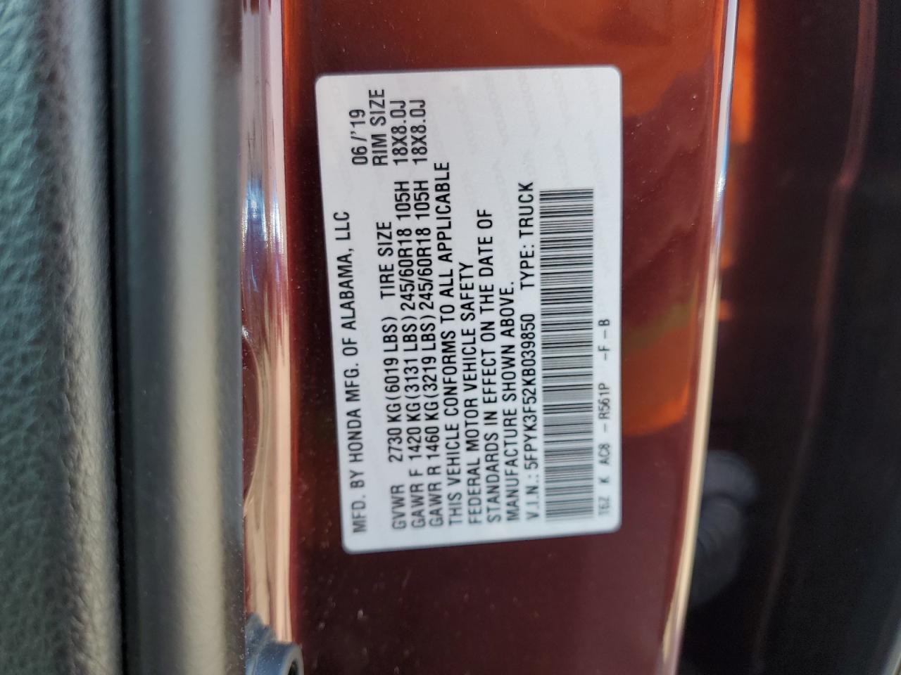 2019 Honda Ridgeline Rtl VIN: 5FPYK3F52KB039850 Lot: 64013955