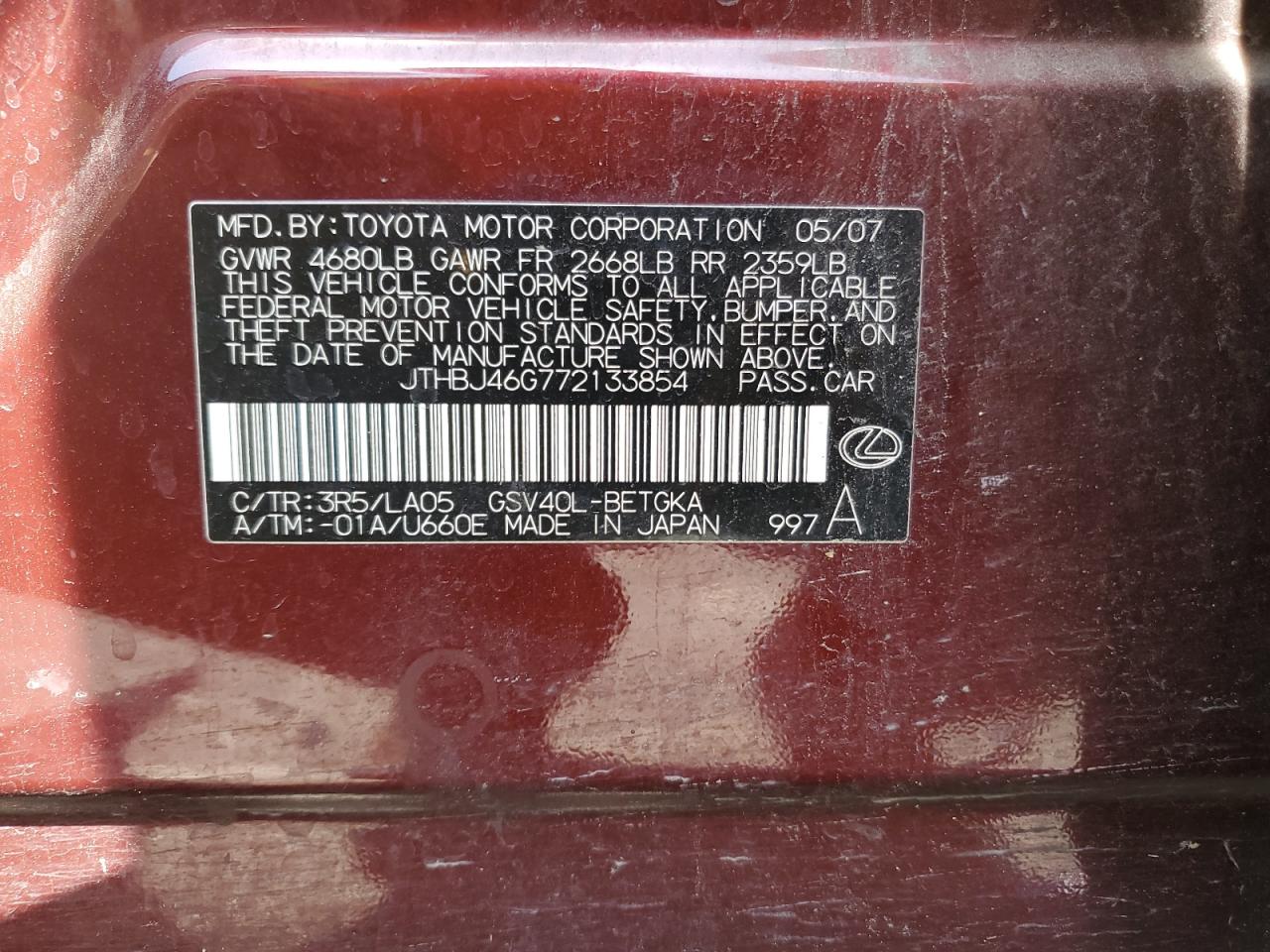 2007 Lexus Es 350 VIN: JTHBJ46G772133854 Lot: 62923085