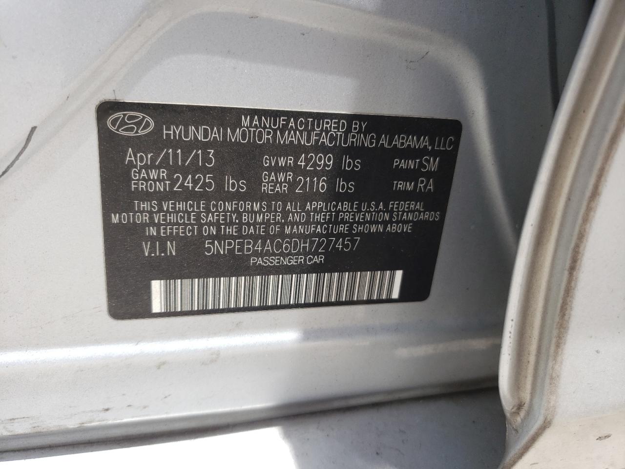 2013 Hyundai Sonata Gls VIN: 5NPEB4AC6DH727457 Lot: 63469705