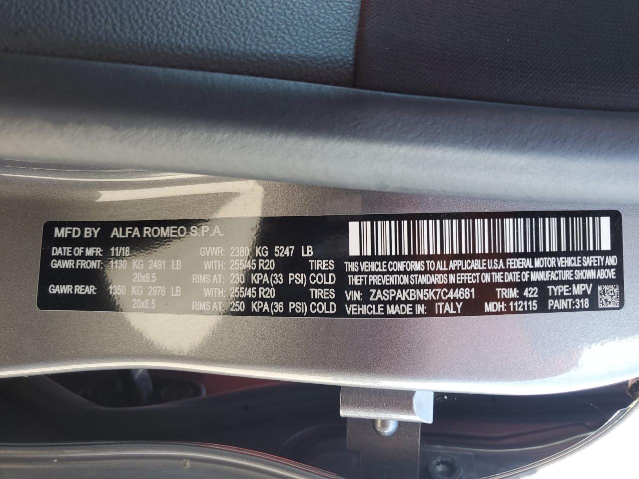 zaspakbn5k7c44681 ZASPAKBN5K7C44681 2019 Alfa Romeo Stelvio Ti