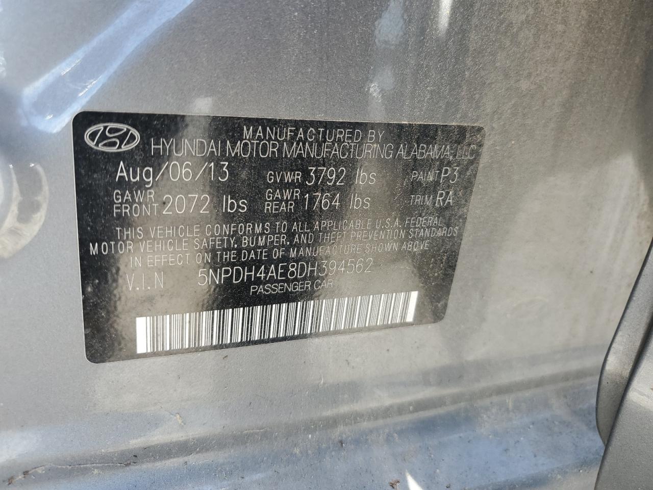 2013 Hyundai Elantra Gls VIN: 5NPDH4AE8DH394562 Lot: 65464705