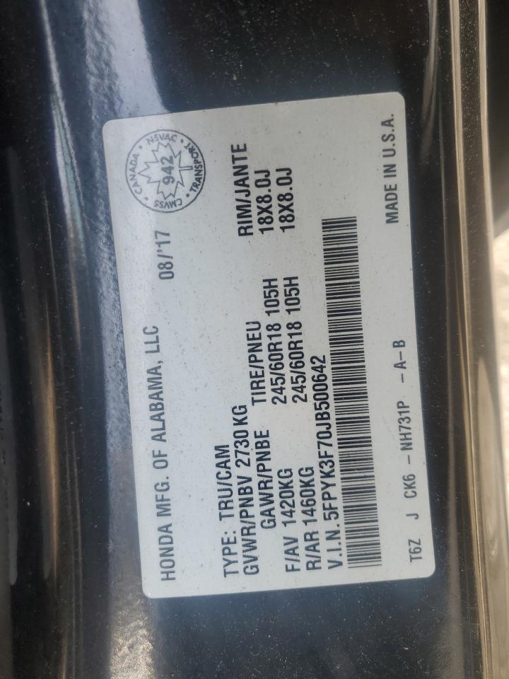 2018 Honda Ridgeline Rtl VIN: 5FPYK3F70JB500642 Lot: 65697545