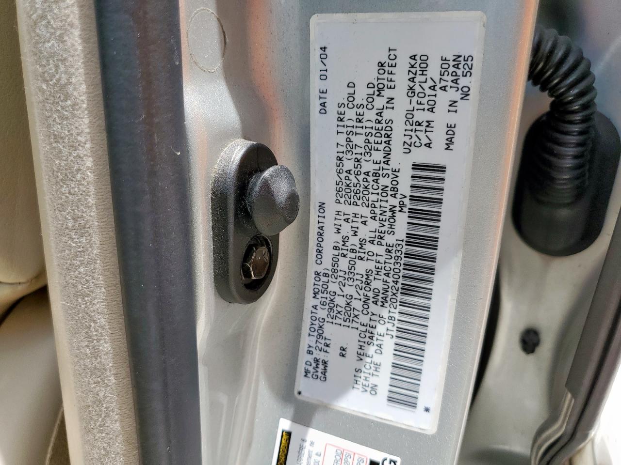 2004 Lexus Gx 470 VIN: JTJBT20X240039331 Lot: 64286435