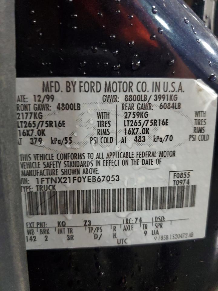 2000 Ford F250 Super Duty VIN: 1FTNX21F0YEB67053 Lot: 63834445