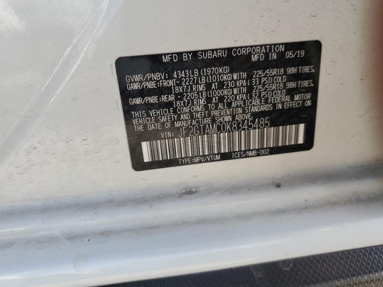 2019 Subaru Crosstrek Limited VIN: JF2GTAMC0K8345485 Lot: 64867125