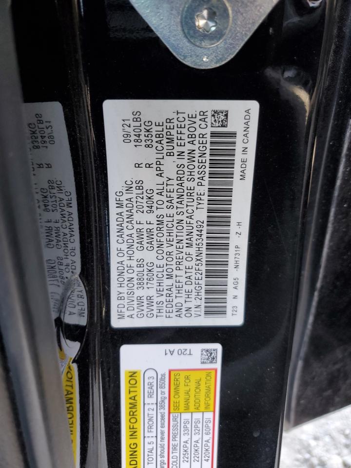 2022 Honda Civic Sport VIN: 2HGFE2F5XNH534492 Lot: 65168795