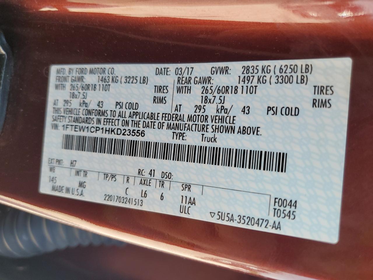 2017 Ford F150 Supercrew VIN: 1FTEW1CP1HKD23556 Lot: 67136115