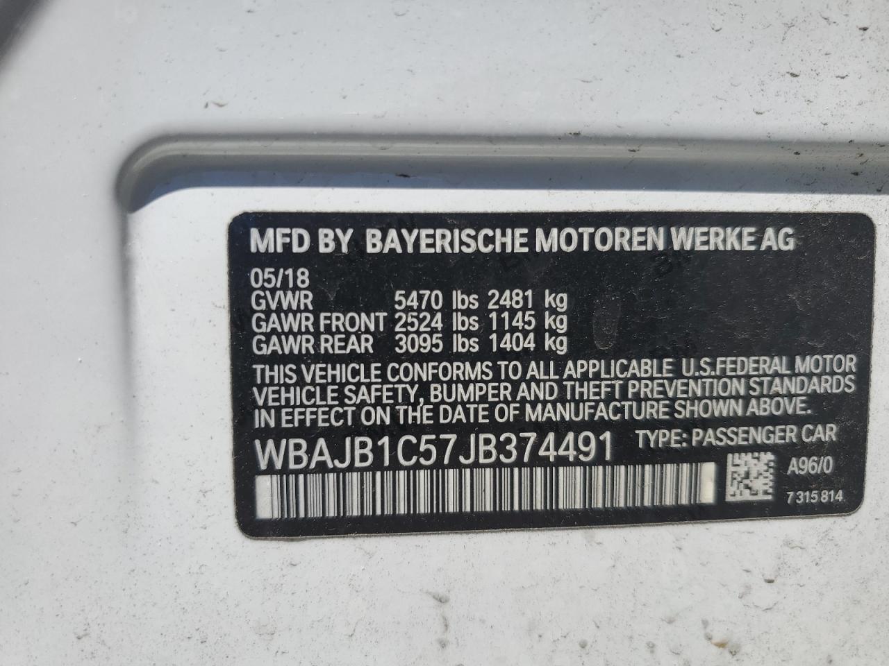 2018 BMW 530Xe VIN: WBAJB1C57JB374491 Lot: 63230245