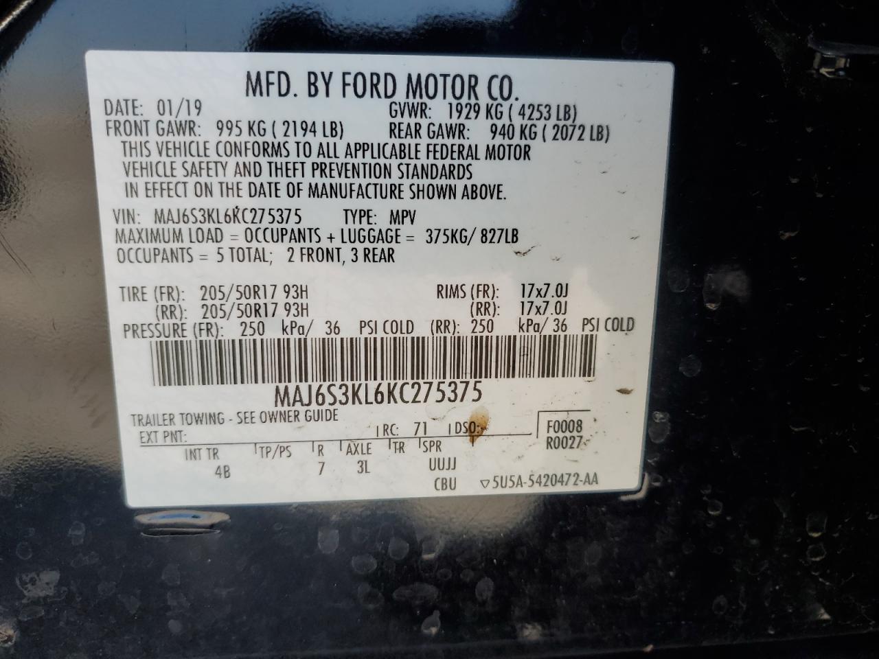 2019 Ford Ecosport Titanium VIN: MAJ6S3KL6KC275375 Lot: 64686115