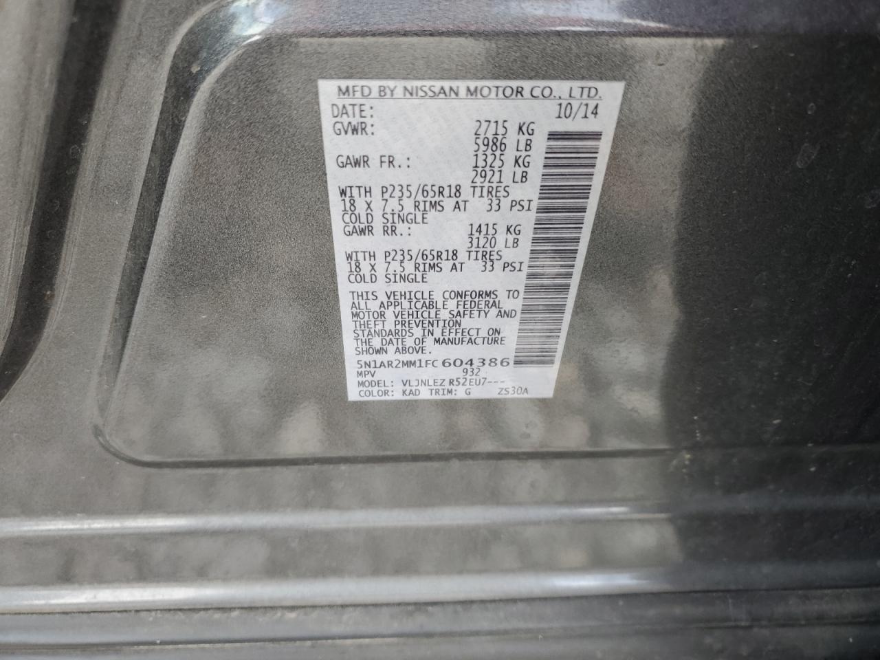 2015 Nissan Pathfinder S VIN: 5N1AR2MM1FC604386 Lot: 65441175