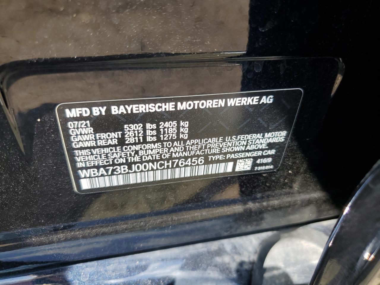 2022 BMW 540 Xi VIN: WBA73BJ00NCH76456 Lot: 66008575