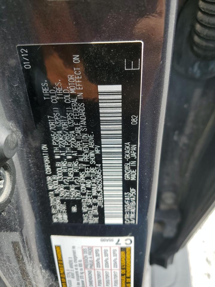 2012 Toyota 4Runner Sr5 VIN: JTEBU5JR6C5084514 Lot: 63630935