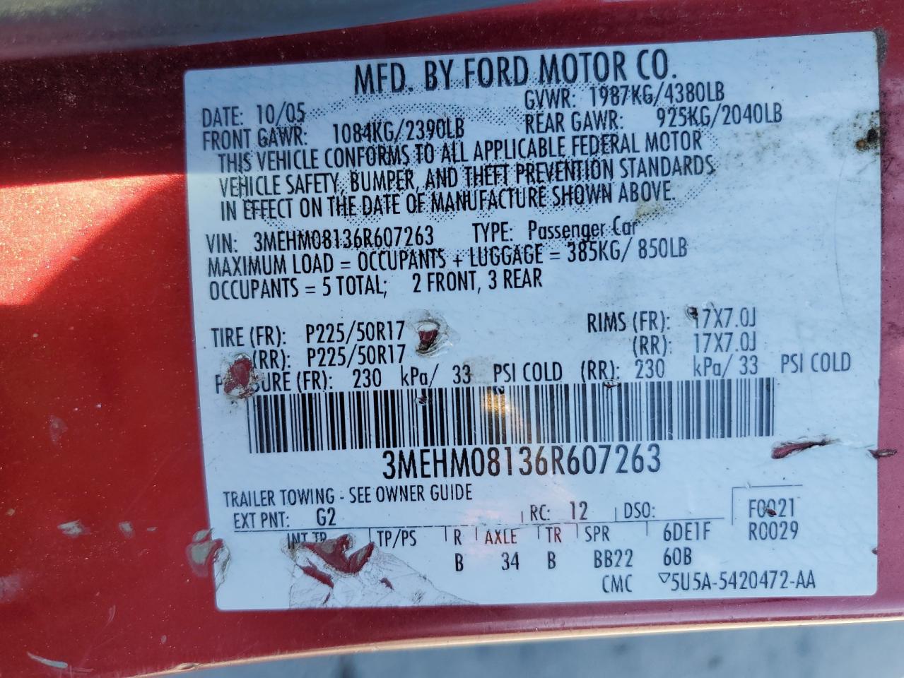 2006 Mercury Milan Premier VIN: 3MEHM08136R607263 Lot: 63072865