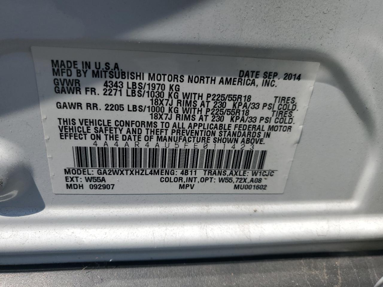 2015 Mitsubishi Outlander Sport Se VIN: 4A4AR4AU5FE011423 Lot: 65513895