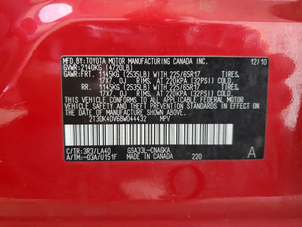 2011 Toyota Rav4 Limited VIN: 2T3DK4DV6BW044432 Lot: 64354165