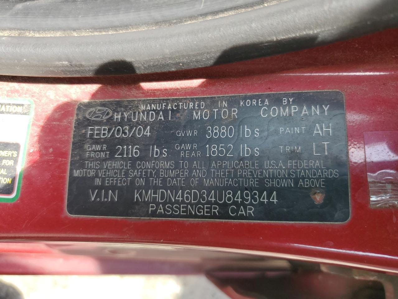 2004 Hyundai Elantra Gls VIN: KMHDN46D34U849344 Lot: 66504495