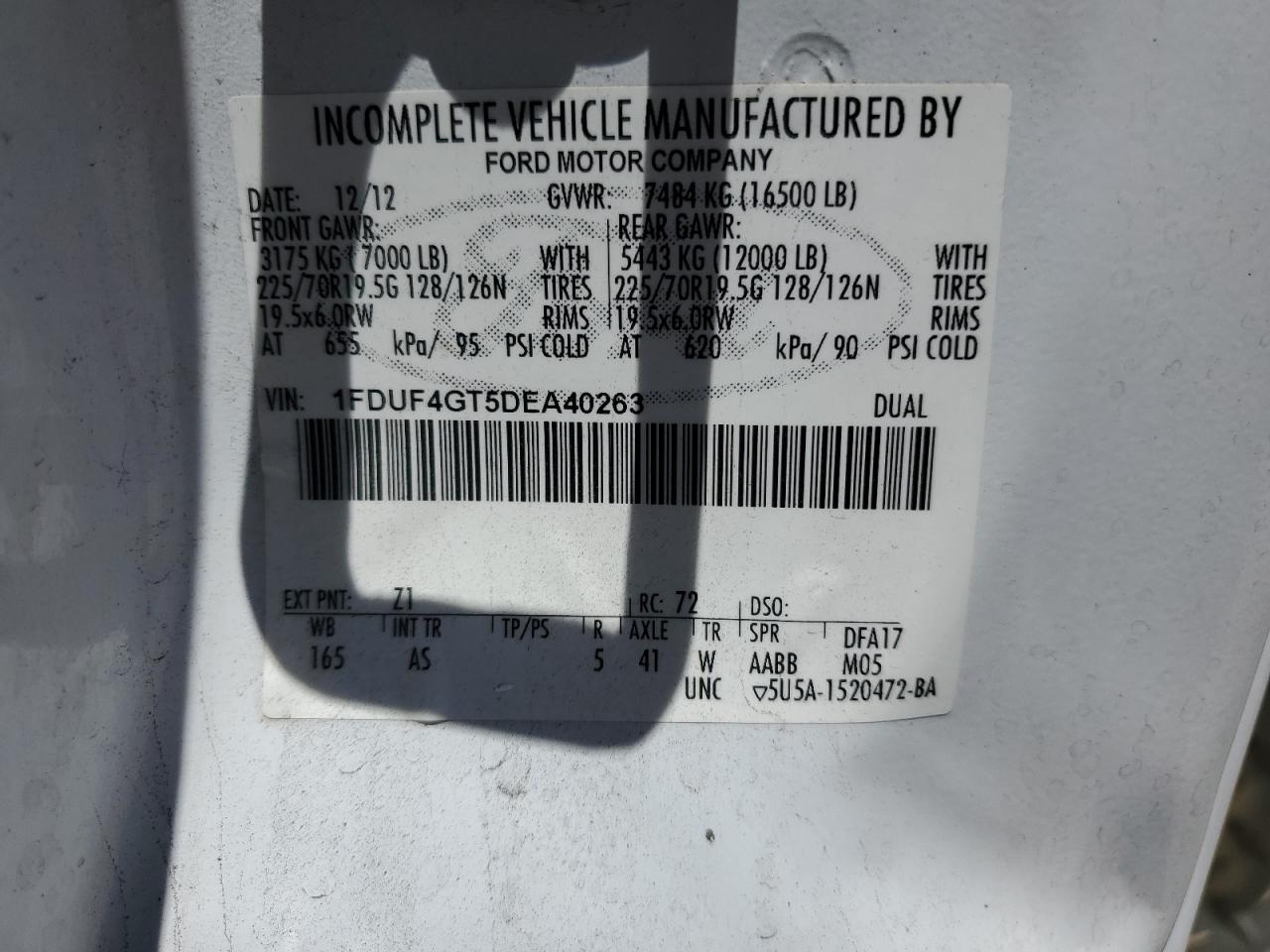 2013 Ford F450 Super Duty VIN: 1FDUF4GT5DEA40263 Lot: 64287865