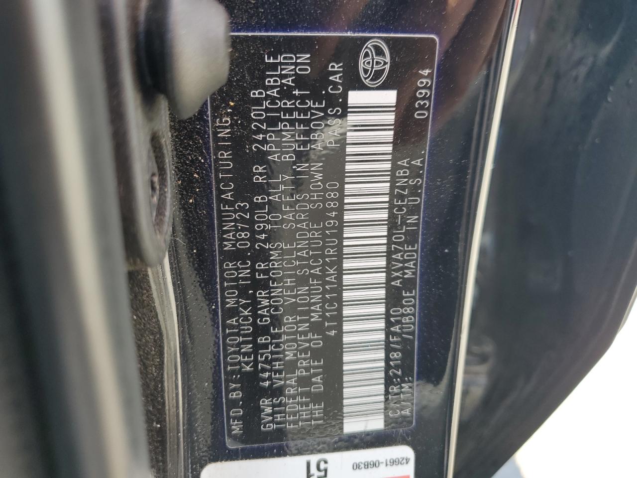 2024 Toyota Camry Le VIN: 4T1C11AK1RU194880 Lot: 62599765