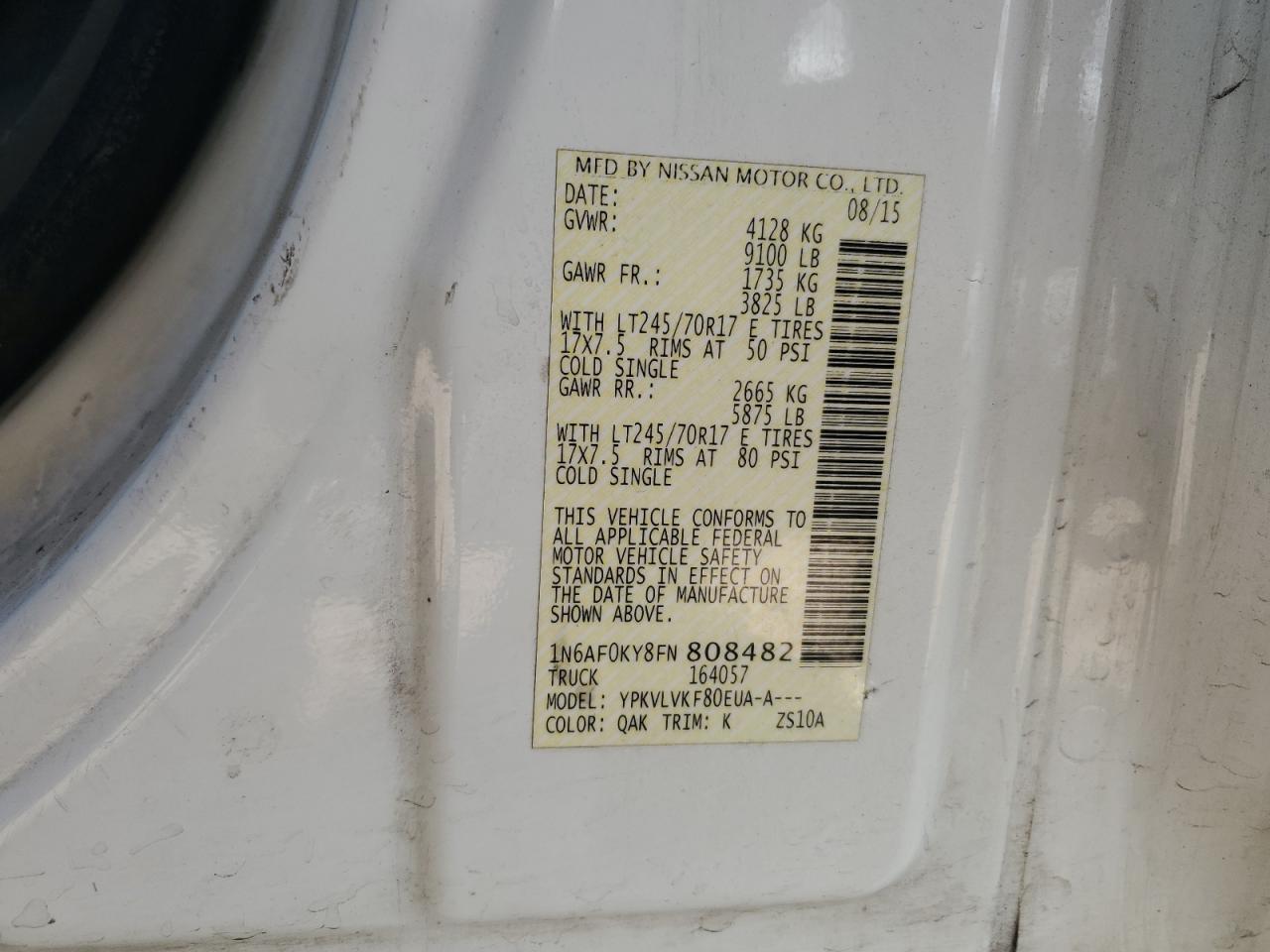 1n6af0ky8fn808482 1N6AF0KY8FN808482 2015 Nissan Nv 2500