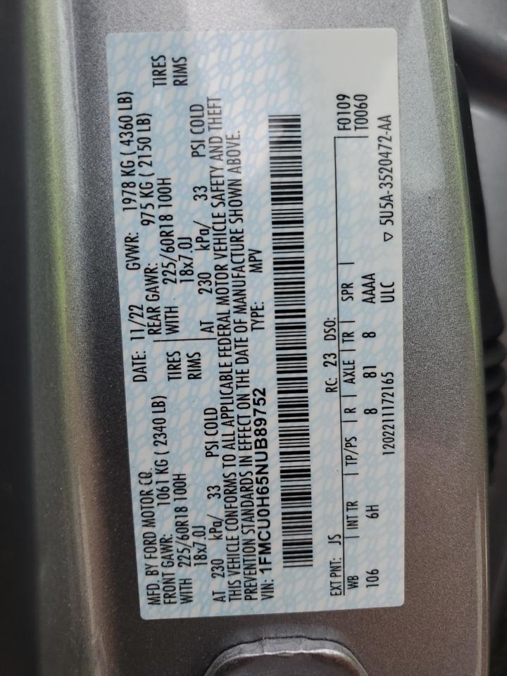 2022 Ford Escape Sel VIN: 1FMCU0H65NUB89752 Lot: 65168305