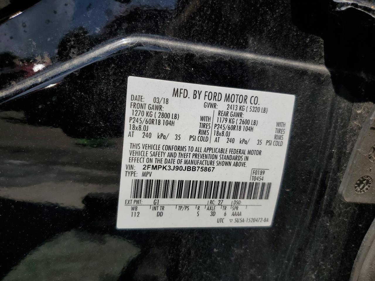 2018 Ford Edge Sel VIN: 2FMPK3J90JBB75867 Lot: 63853225