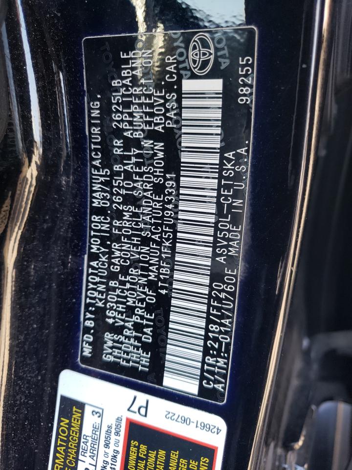 2015 Toyota Camry Le VIN: 4T1BF1FK5FU943391 Lot: 64696255