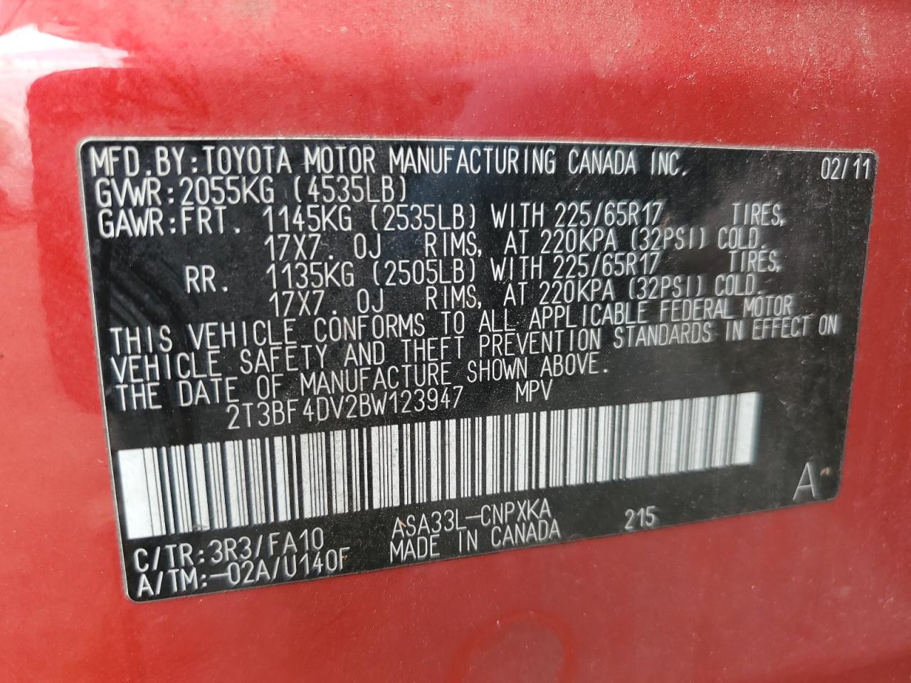 2011 Toyota Rav4 VIN: 2T3BF4DV2BW123947 Lot: 64414165