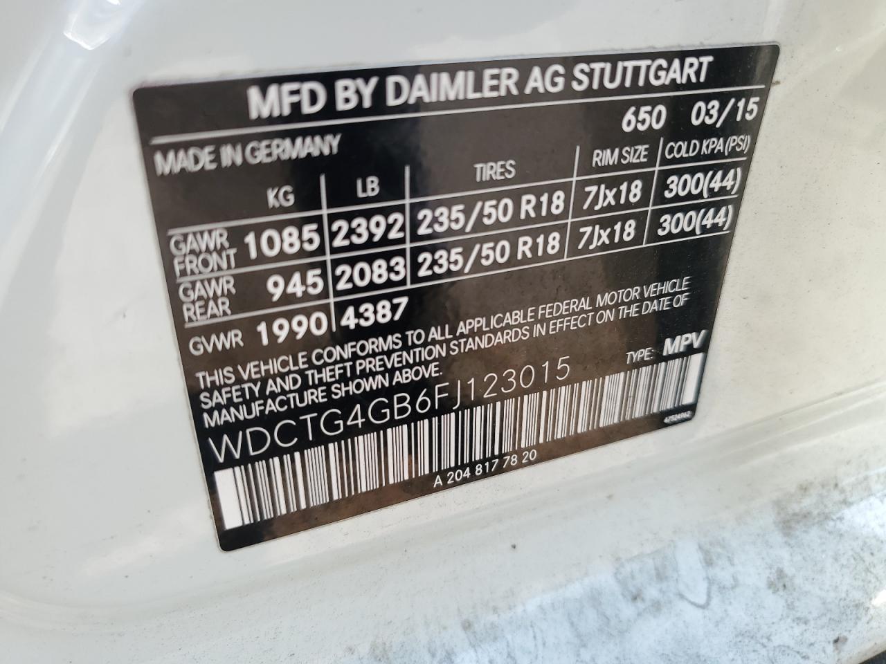 2015 Mercedes-Benz Gla 250 4Matic VIN: WDCTG4GB6FJ123015 Lot: 63569945