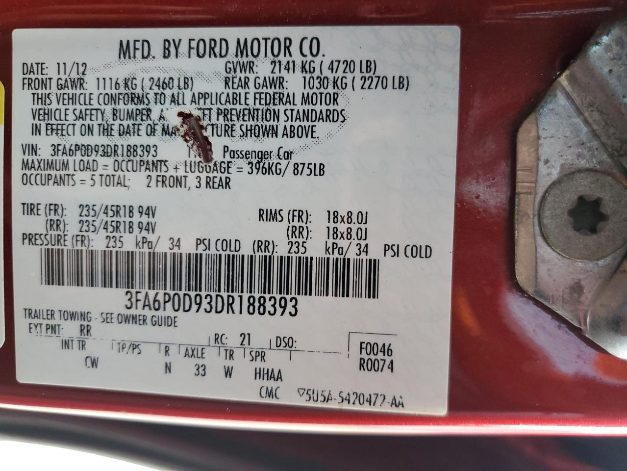 2013 Ford Fusion Titanium VIN: 3FA6P0D93DR188393 Lot: 65405705