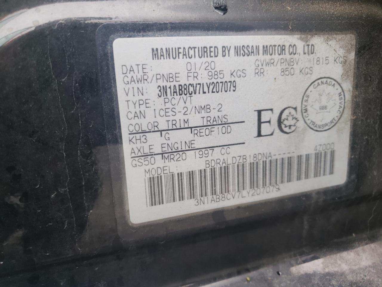 2020 Nissan Sentra Sv VIN: 3N1AB8CV7LY207079 Lot: 65403565