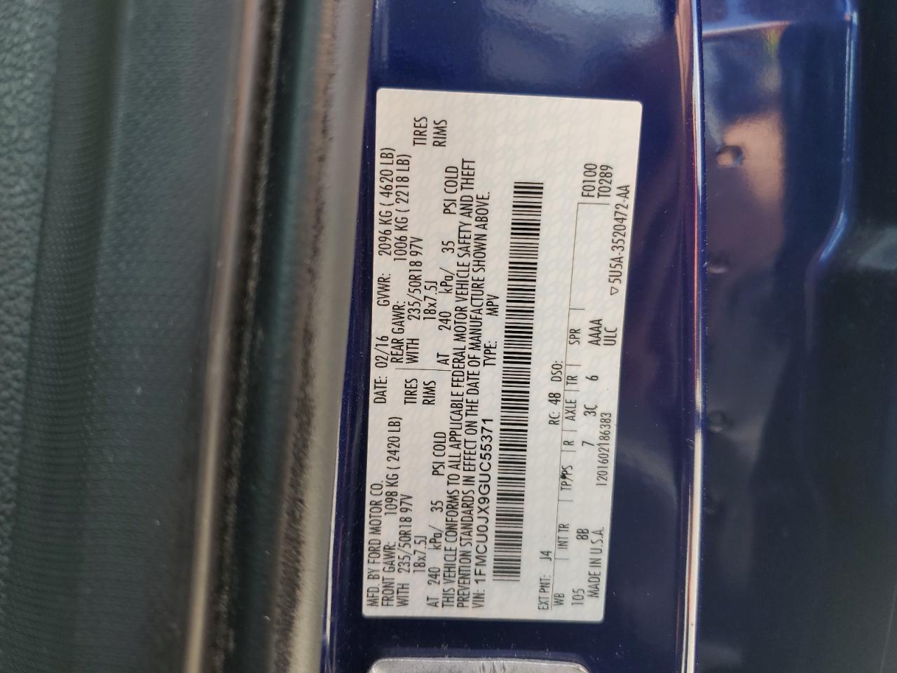 2016 Ford Escape Titanium VIN: 1FMCU0JX9GUC55371 Lot: 65256235
