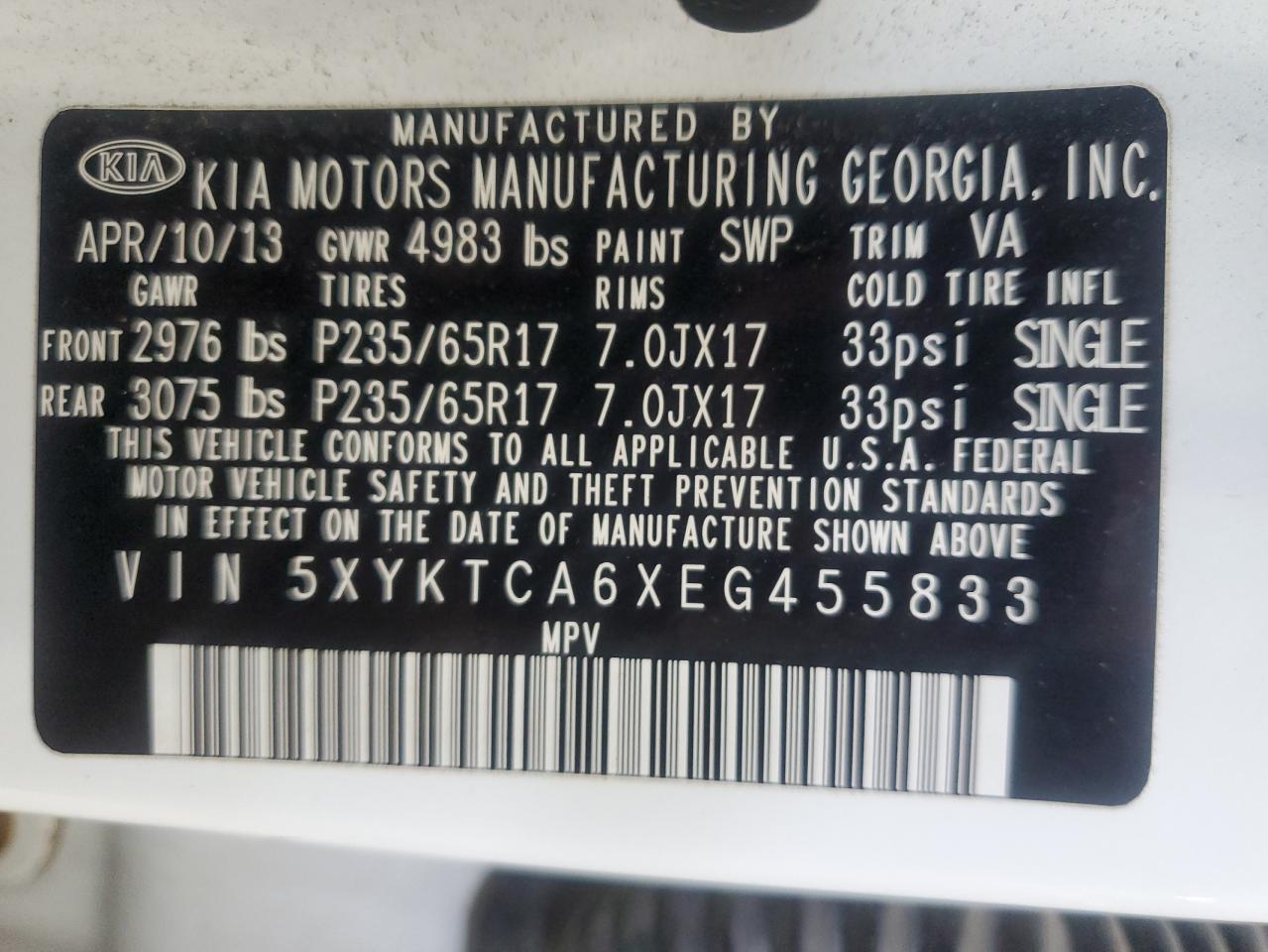 2014 Kia Sorento Lx VIN: 5XYKTCA6XEG455833 Lot: 65371215