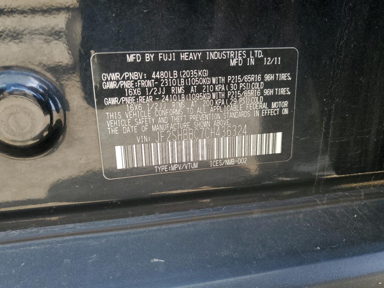 2012 Subaru Forester 2.5X VIN: JF2SHBBC7CH436324 Lot: 63670985