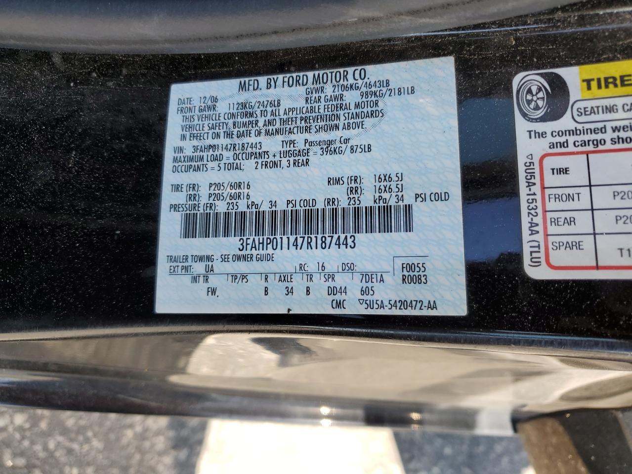 2007 Ford Fusion Se VIN: 3FAHP01147R187443 Lot: 65512095