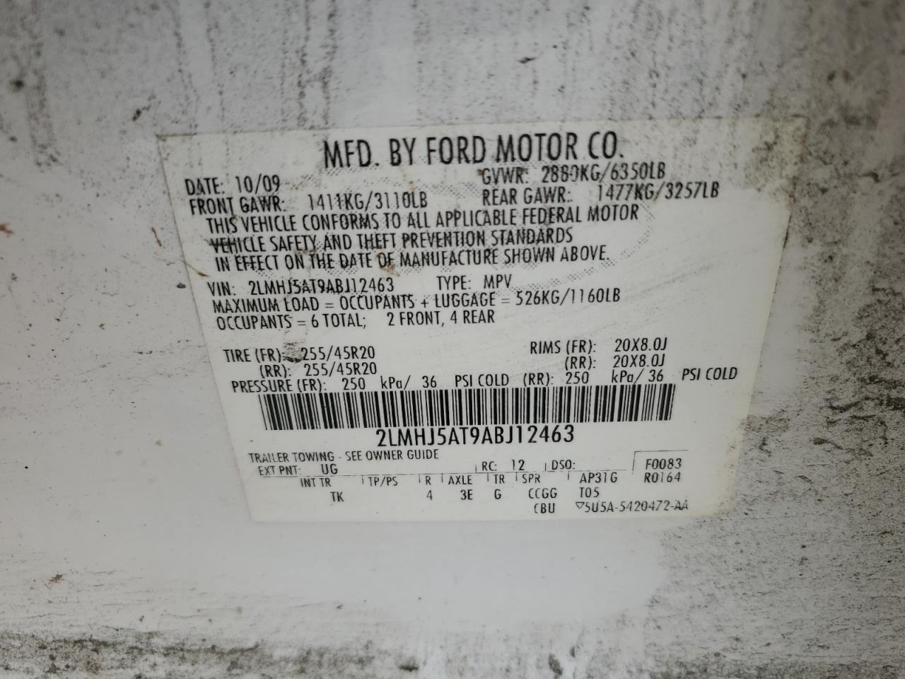 2010 Lincoln Mkt VIN: 2LMHJ5AT9ABJ12463 Lot: 61618815