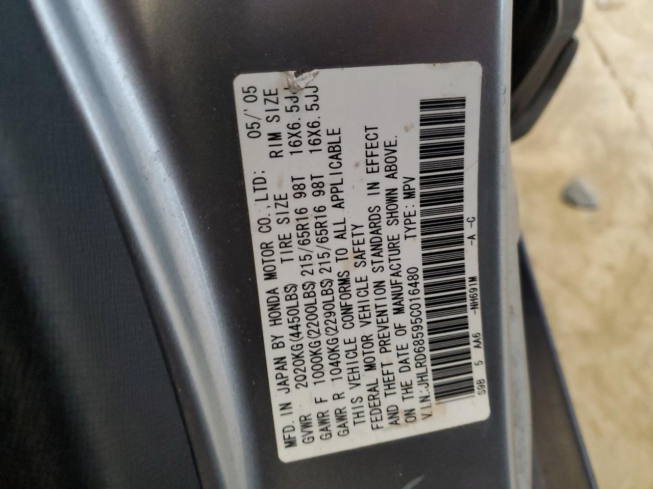 2005 Honda Cr-V Lx VIN: JHLRD68595C016480 Lot: 63529275