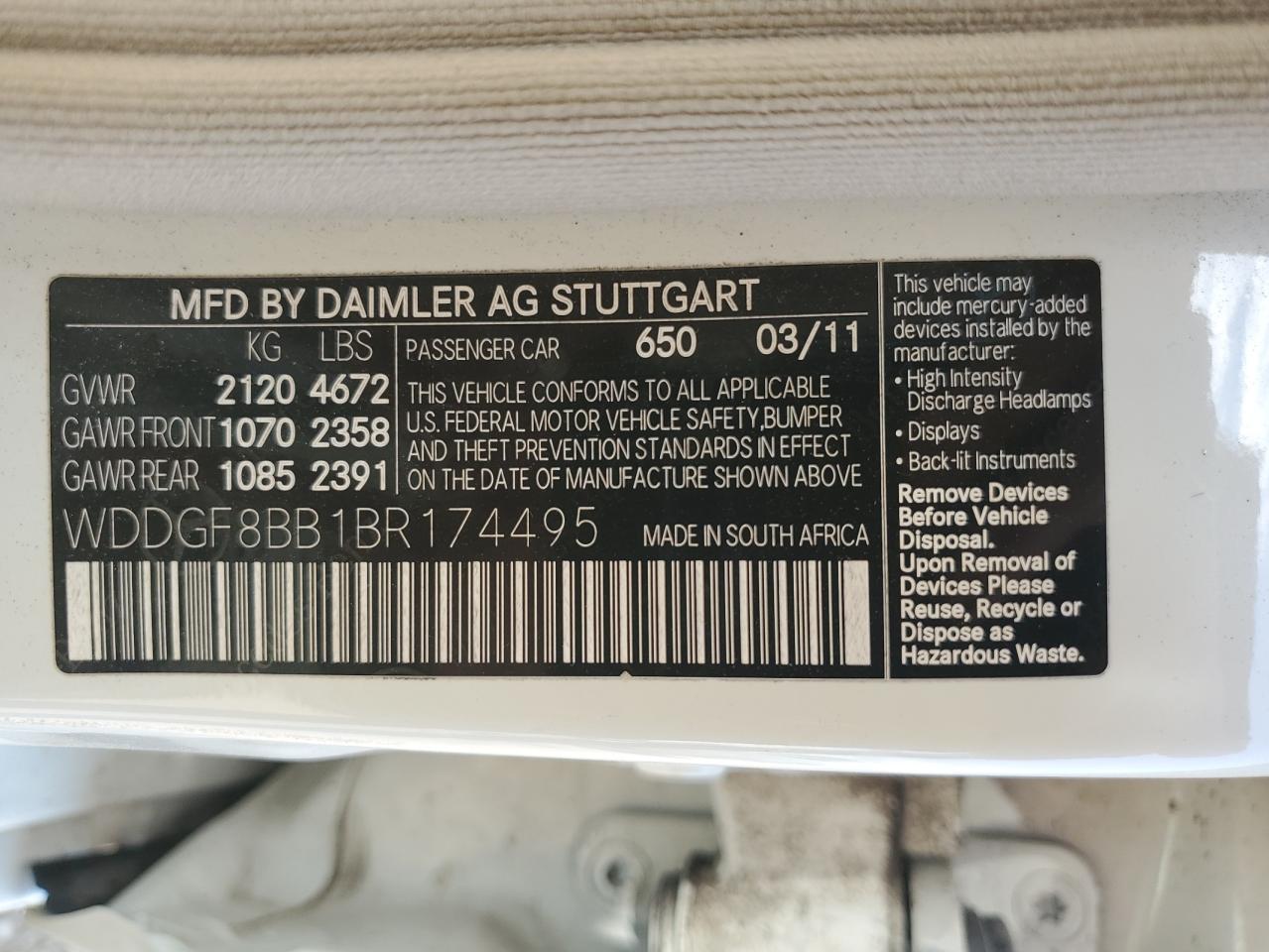 2011 Mercedes-Benz C 300 4Matic VIN: WDDGF8BB1BR174495 Lot: 63129495